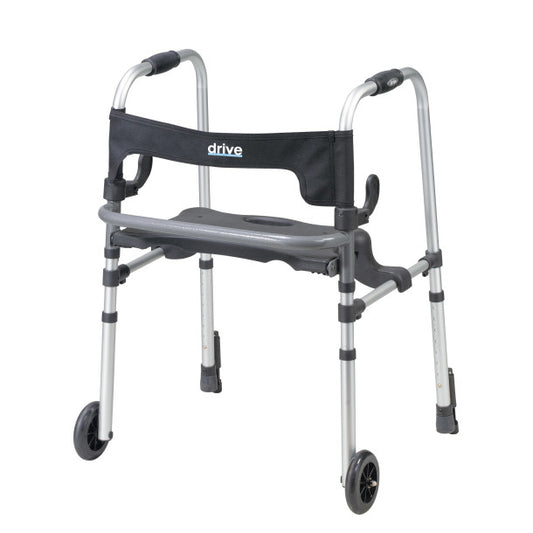 Walker with wheels and seat on a white background, featuring the brand 'Drive'.