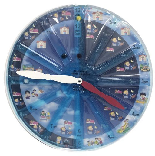 Children's educational clock with time and day indicators on a blue background