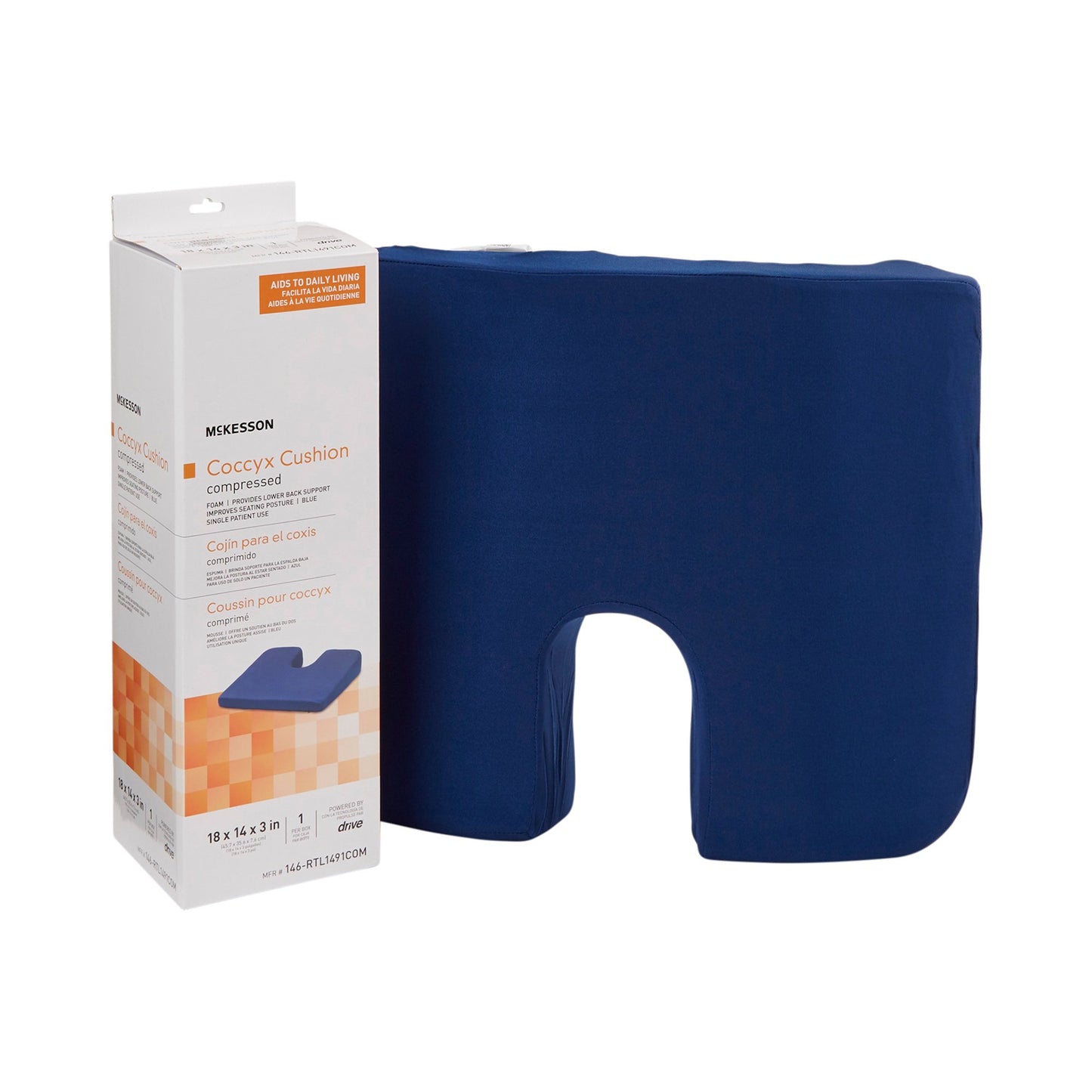 Blue coccyx cushion next to its packaging on a white background