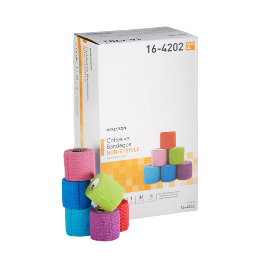 Box of McKesson cohesive bandages with colorful bandages displayed in front on a white background