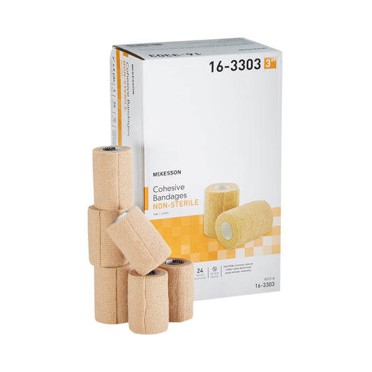 Box of McKesson cohesive bandages with multiple bandage rolls on a white background