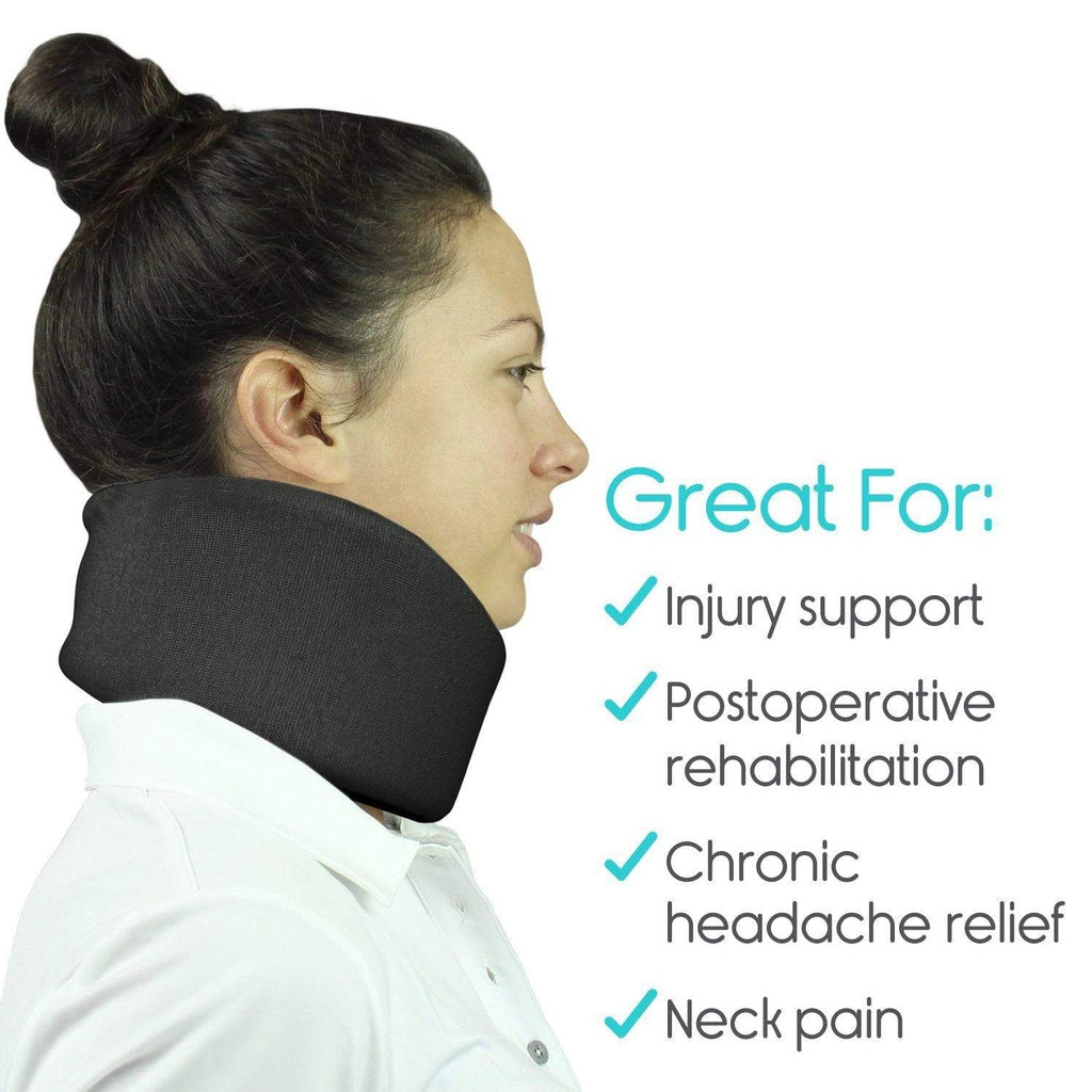 Woman wearing a neck pillow with text highlighting its uses on a white background