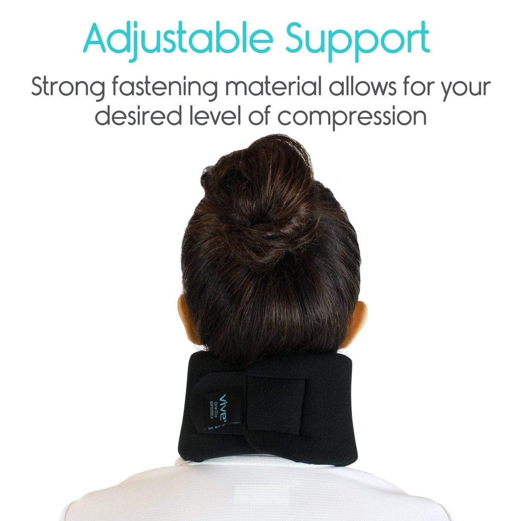 Person wearing a black neck support brace with text about adjustable support on a white background