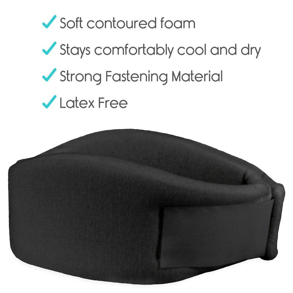 Black travel pillow with features listed on a white background