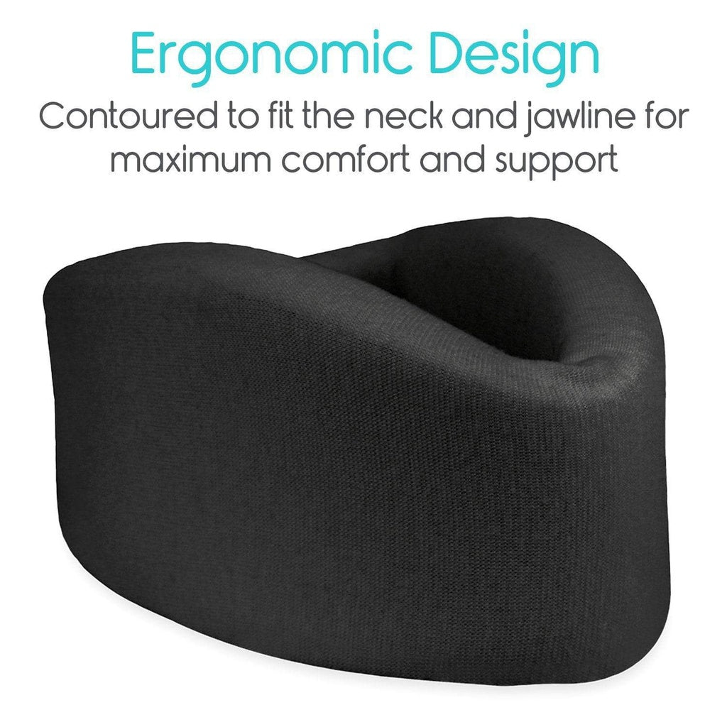 Black ergonomic neck pillow on a white background with text about its design.