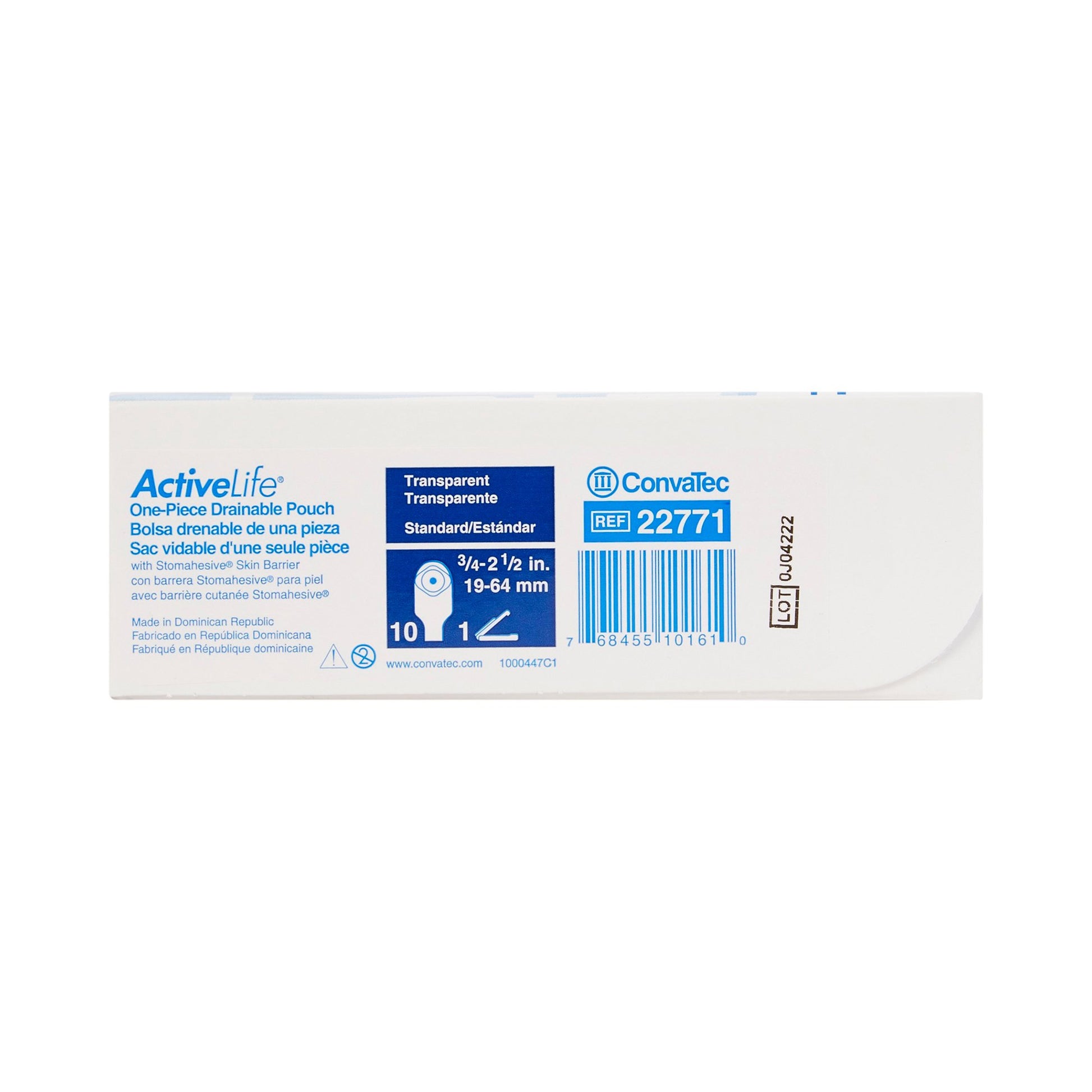 Pack of Active Life one-piece drainable pouches with Convatec branding on a white background