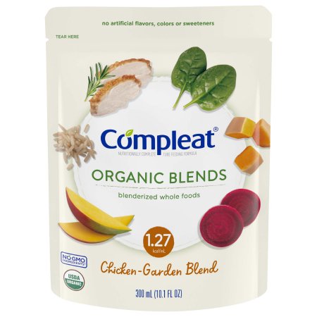 Compleat Organic Blends package with chicken, garden blend, and organic certification logos on a white background.