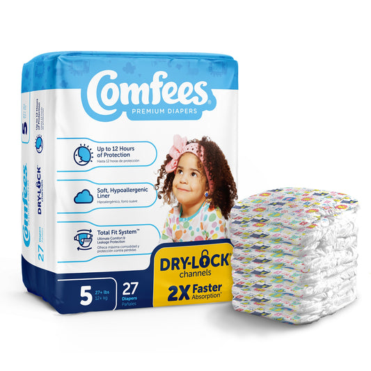 Comfees diaper package with a stack of diapers on a white background