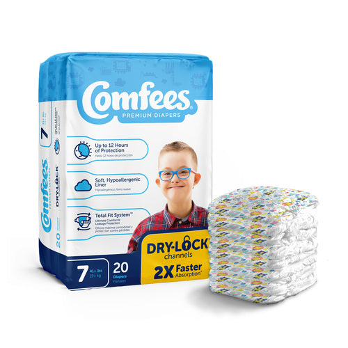 Comfees diaper package with a child's face on the label against a white background