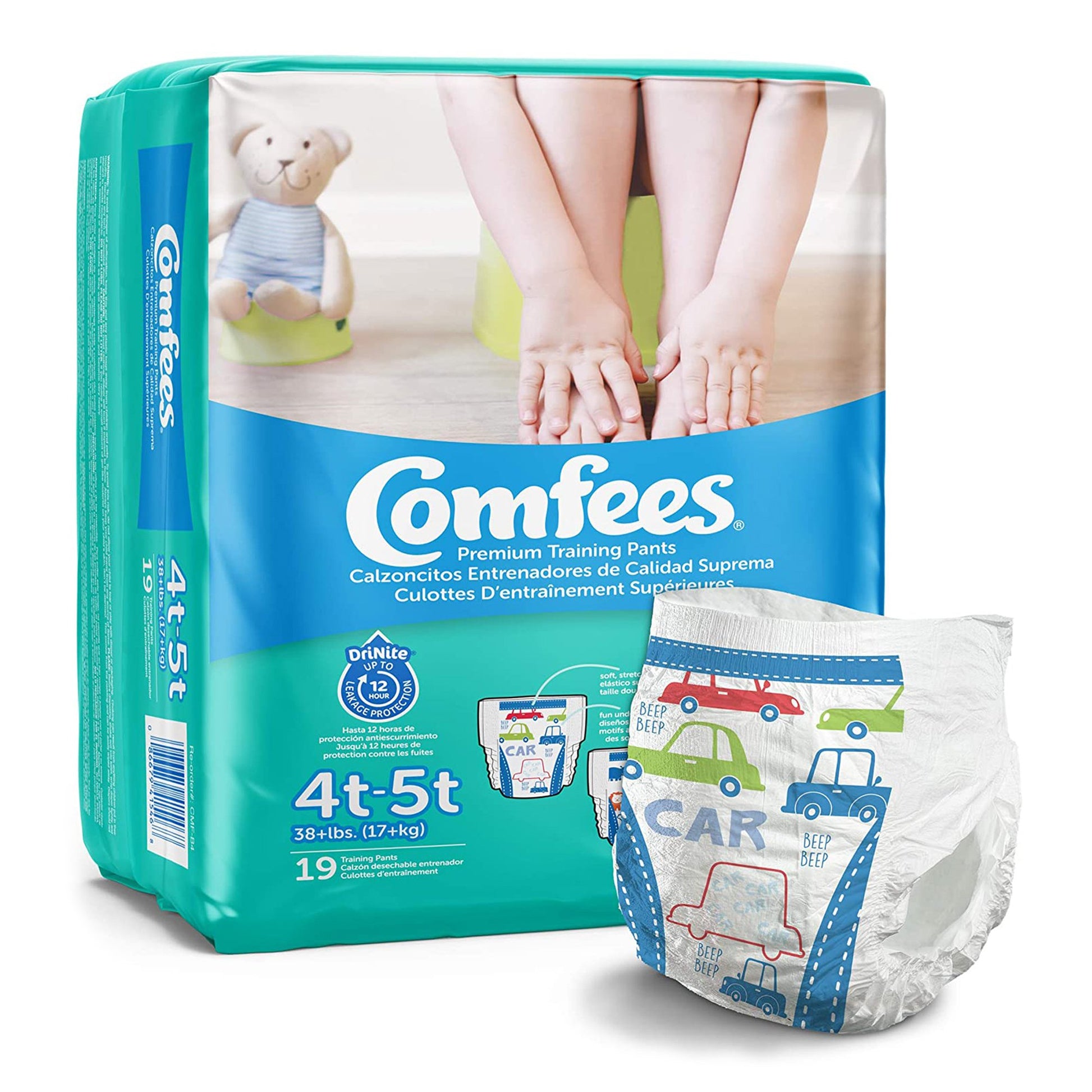 Comfees children's training pants packaging with a child's feet and a teddy bear on a white background