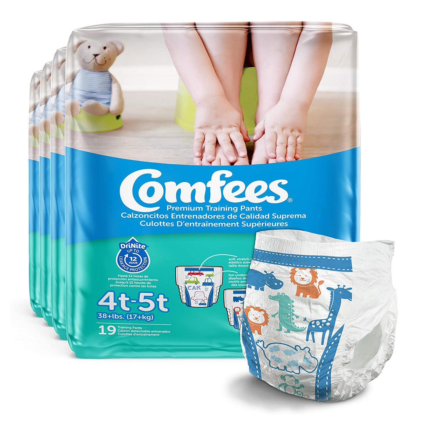 Pack of Comfees children's training pants with packaging and a sample diaper displayed.