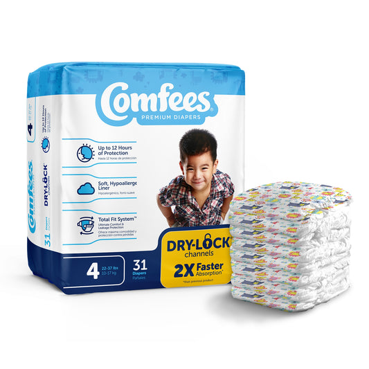 Comfees premium diapers packaging with a child model and additional diapers on a white background
