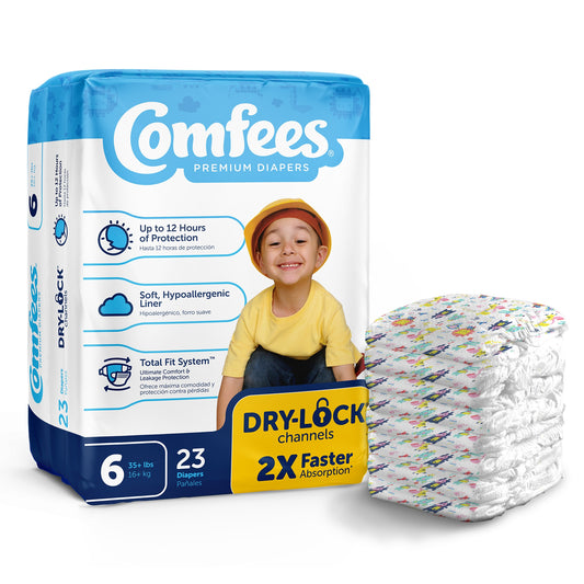 Comfees diaper package with a child on it, showing product details.