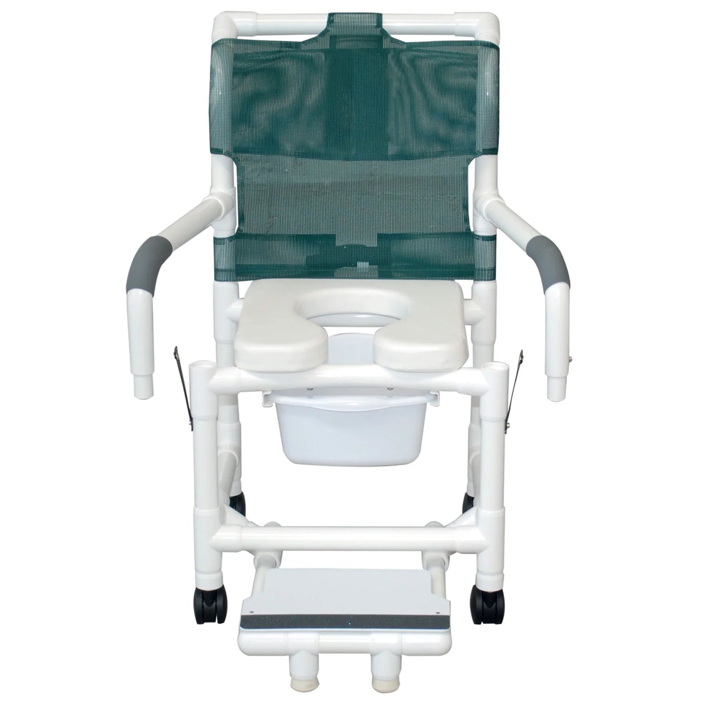 Medical shower chair with attached commode on a white background