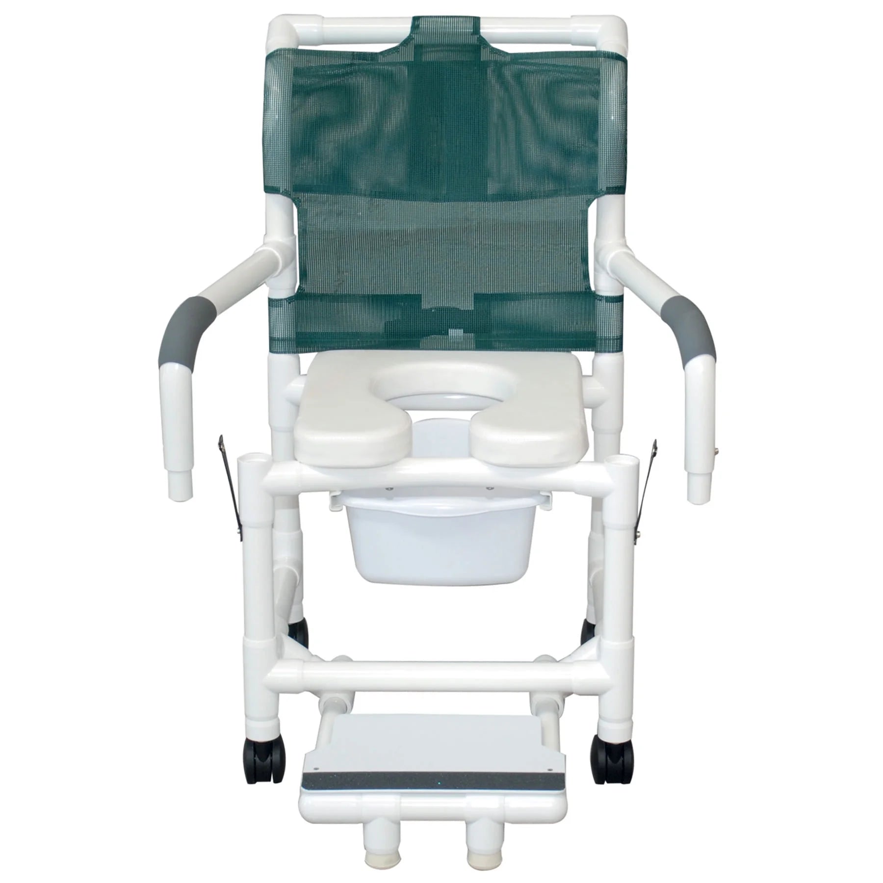 Medical shower chair with attached commode on a white background