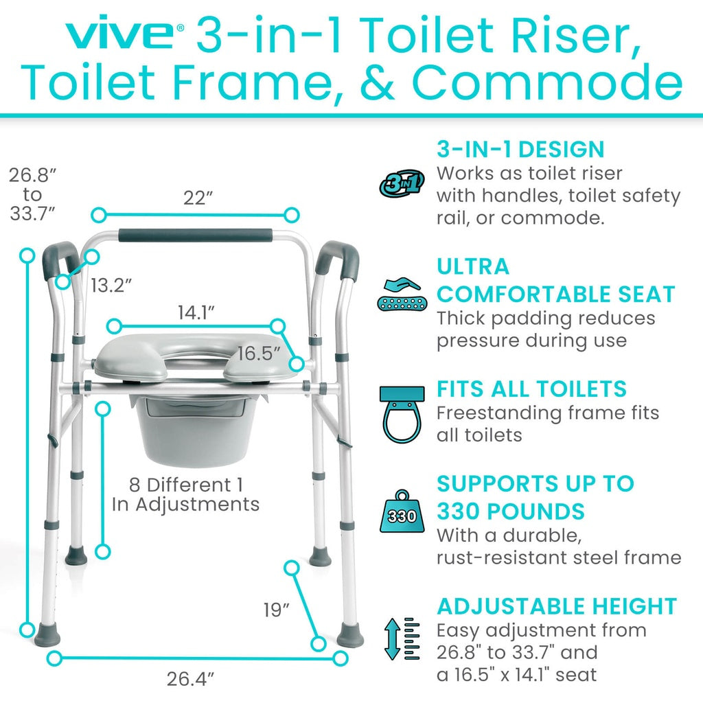 Vive 3-in-1 Toilet Riser, Toilet Frame, & Commode with dimensions and features listed.