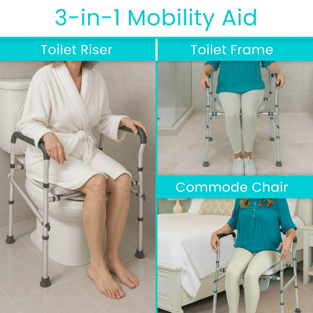 3-in-1 mobility aid product showing toilet riser, toilet frame, and commode chair uses.