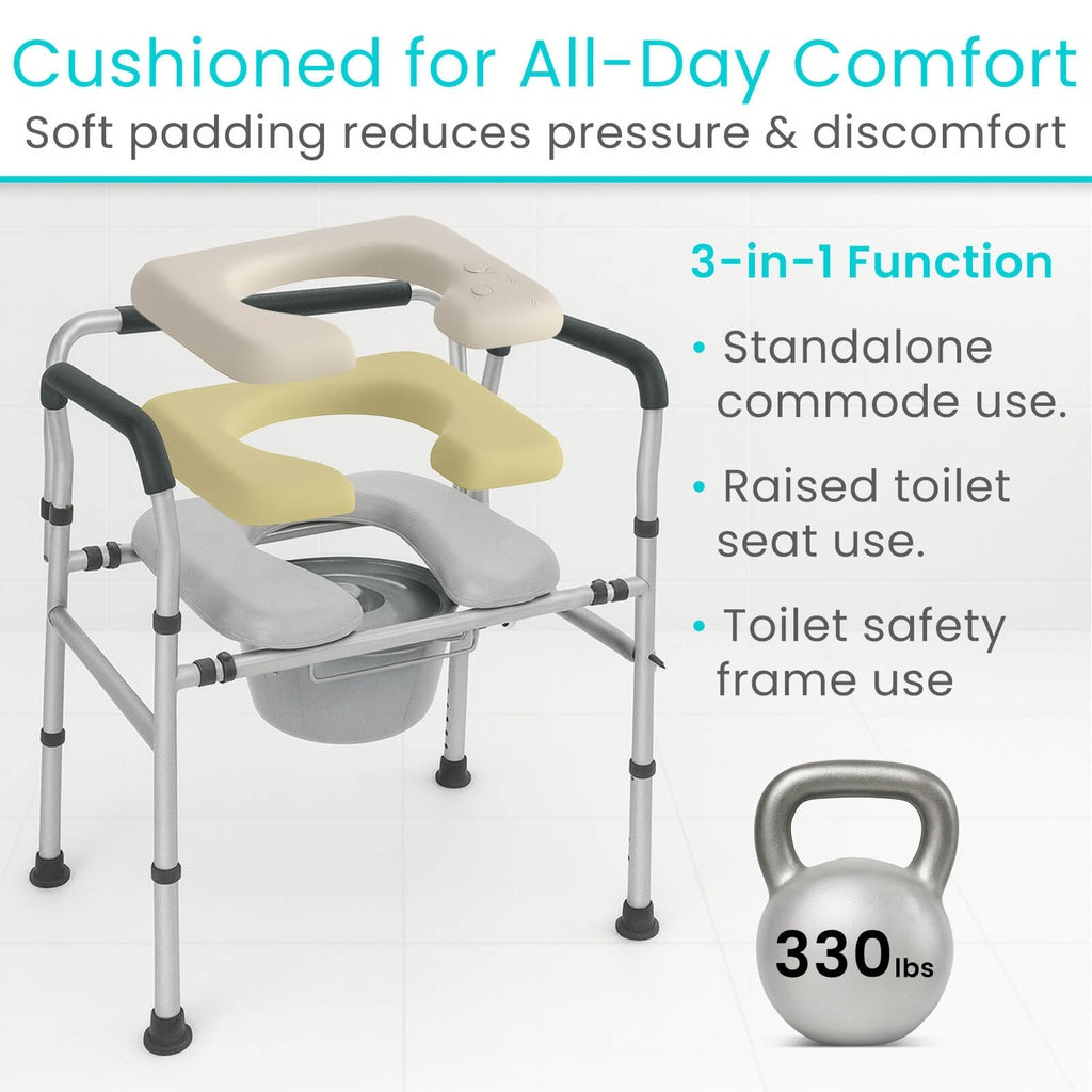 Multifunctional commode chair with cushioned design and weight capacity indicator on a white background