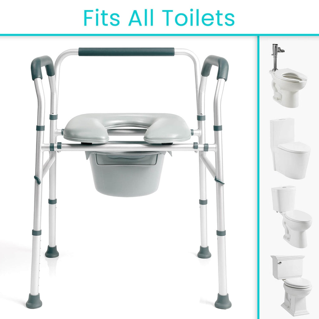 Portable commode chair with adjustable handles on a white background