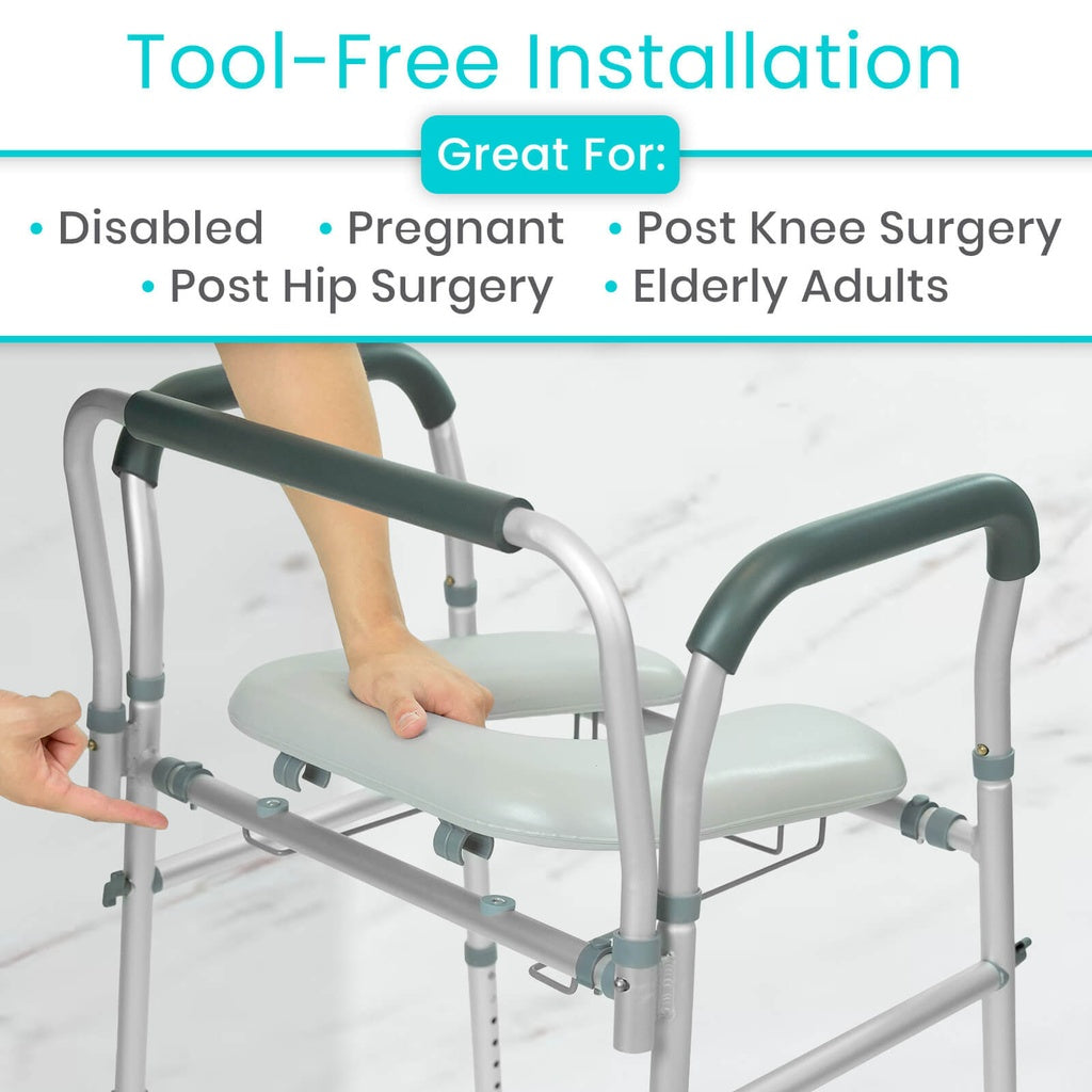 Foldable shower chair with text indicating tool-free installation and its suitability for various users.