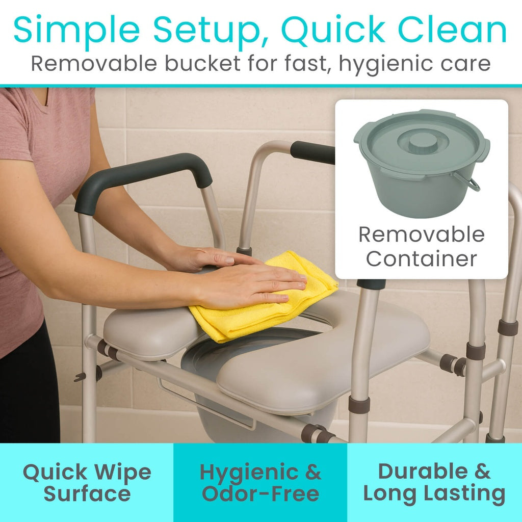 Person cleaning a shower chair with a yellow cloth, highlighting a removable bucket and text about product features.