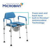 Medical commode chair with blue foam seat and backrest, featuring Microban antimicrobial technology.