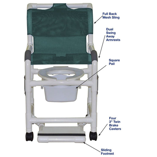 Medical commode chair with labeled features on a white background