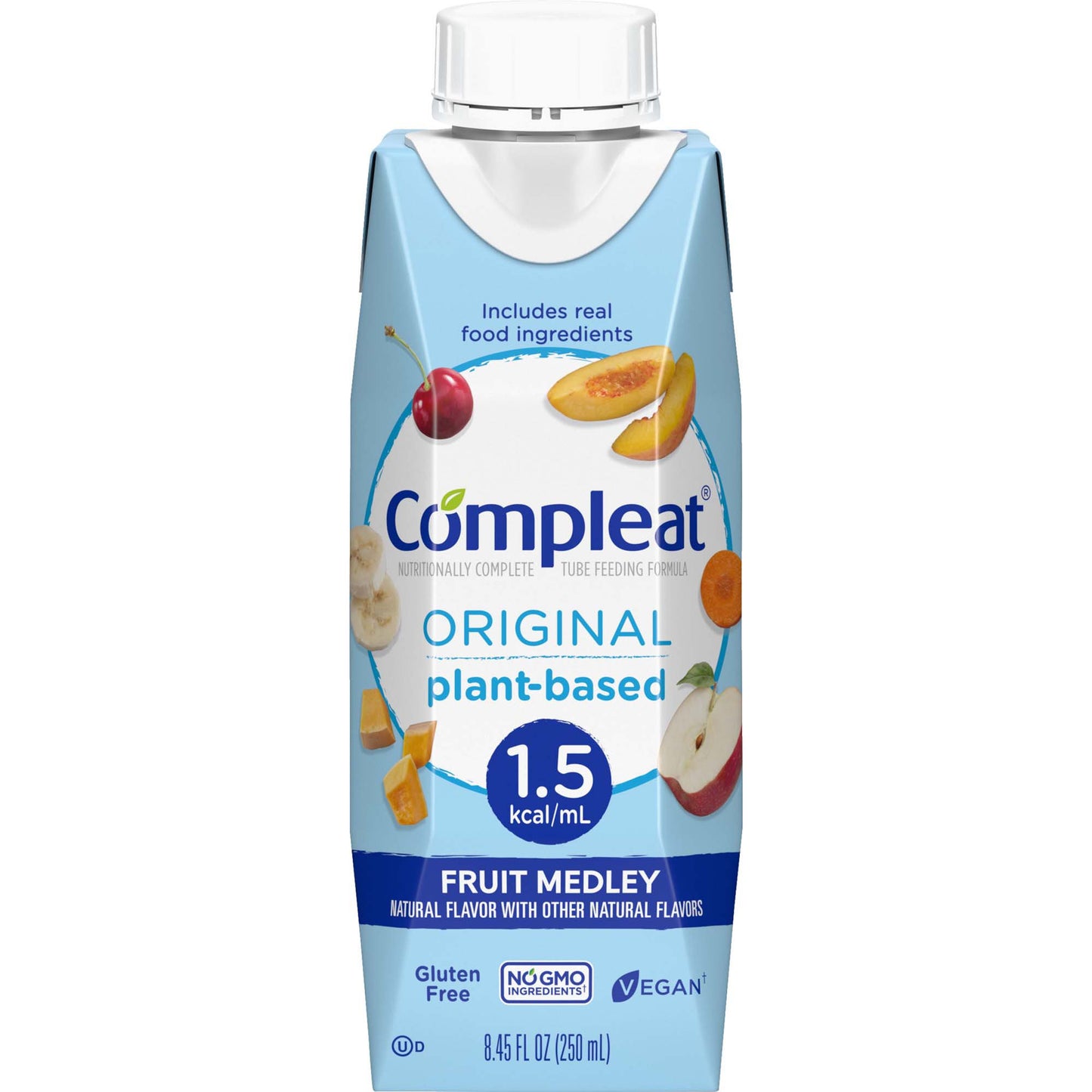 Compleat plant-based fruit medley drink package on a white background