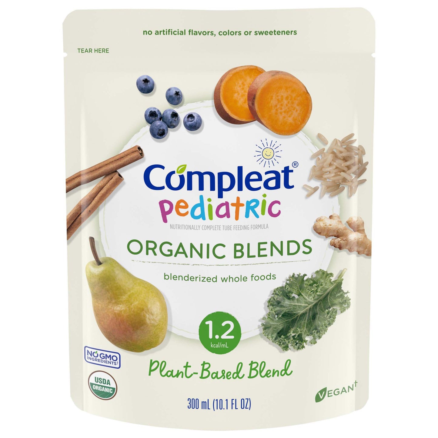 Compleat Pediatric Organic Blends package with fruits and vegetables on a white background
