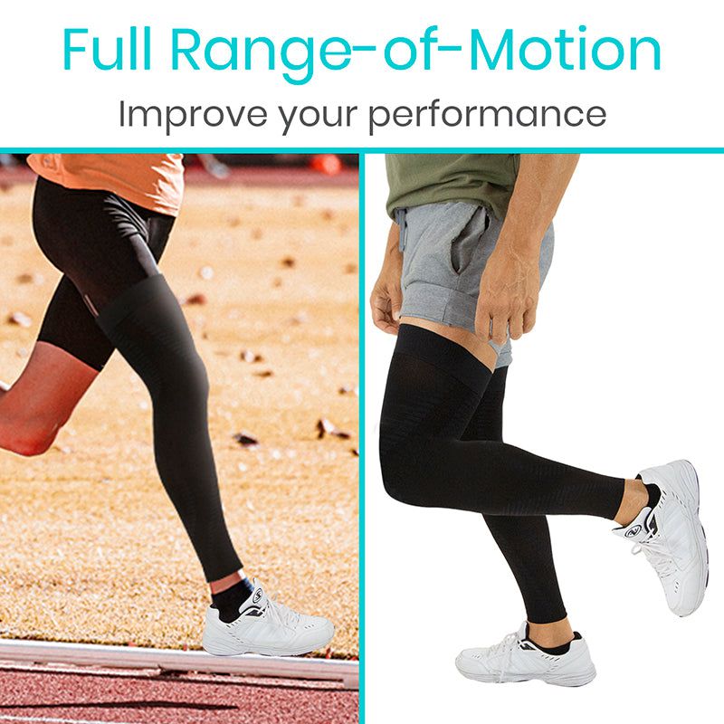 Two people wearing black leggings exercising on a track with text 'Full Range-of-Motion Improve your performance'.