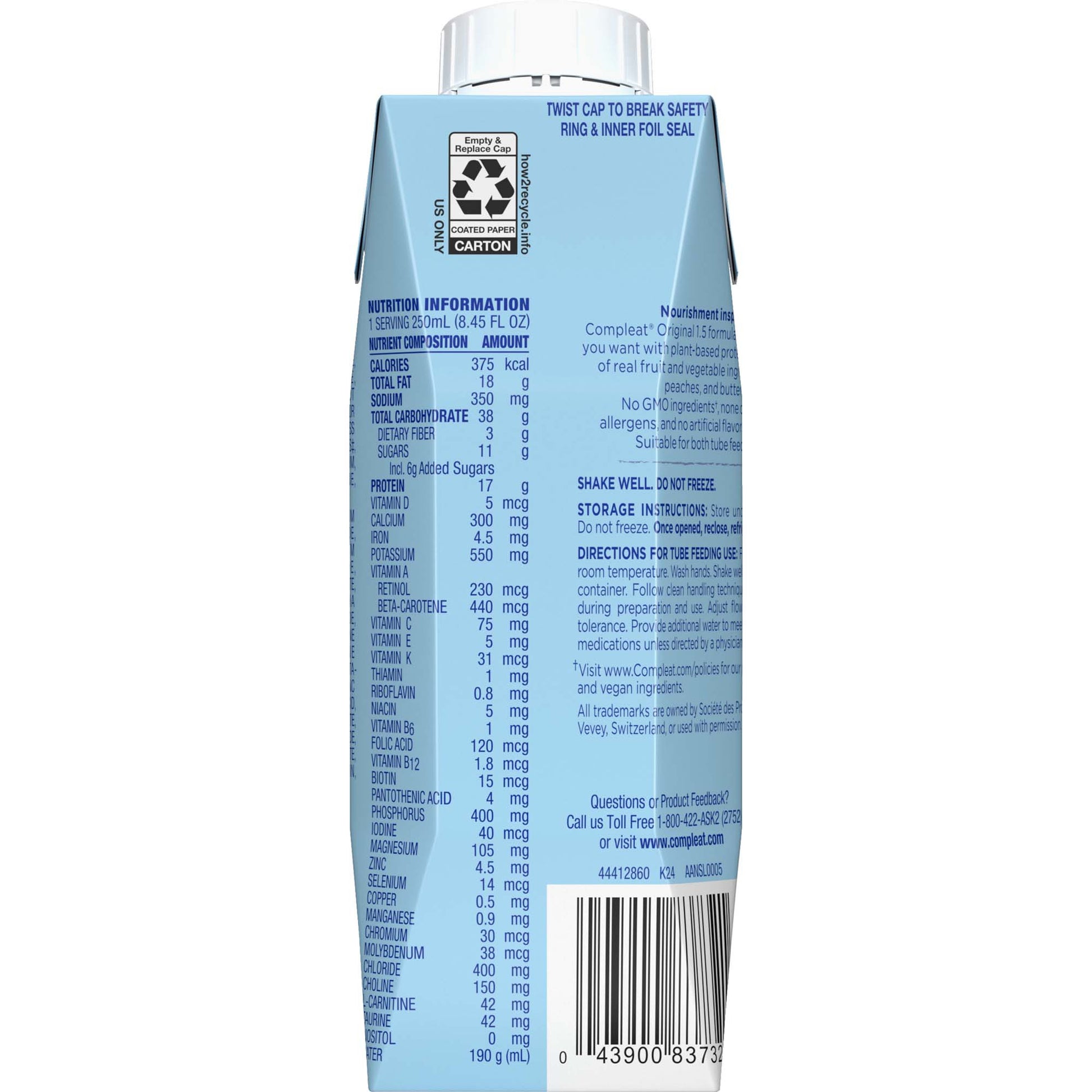 Back label of a blue baby bottle with nutritional information and recycling symbol on a white background