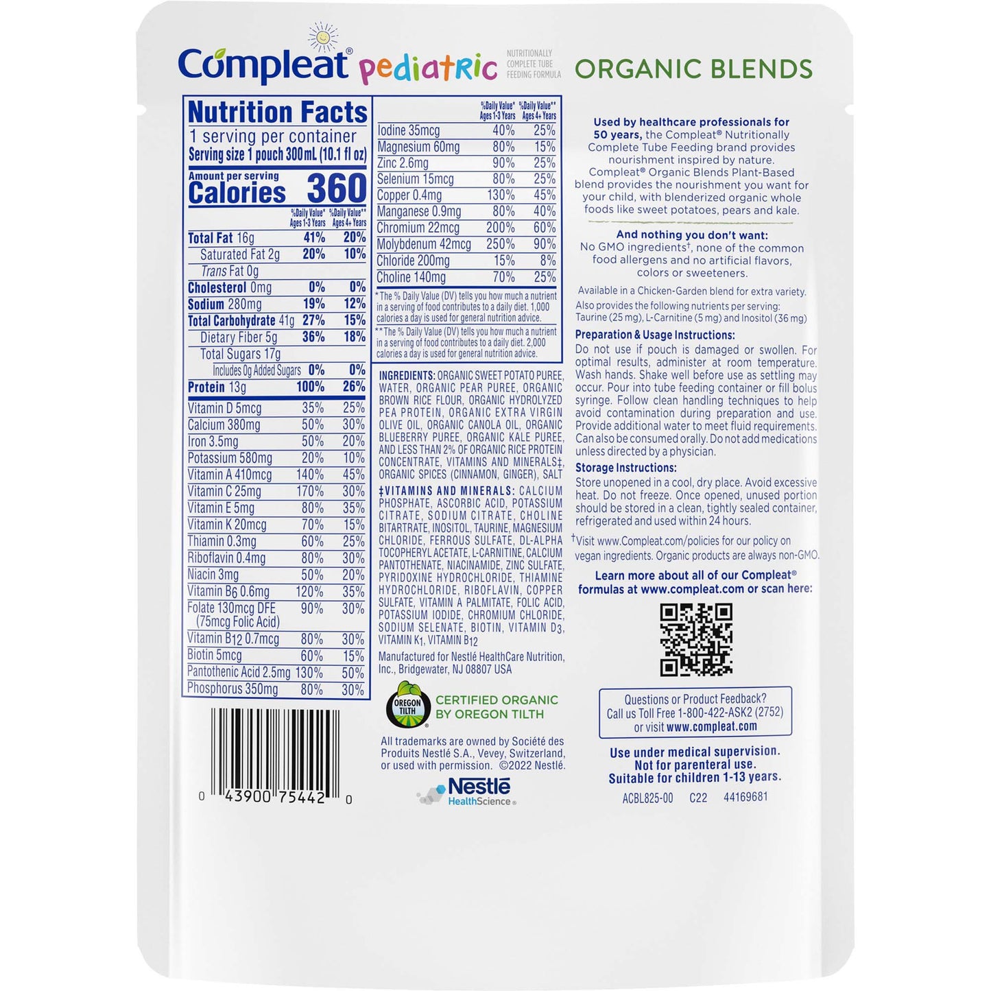 Back of a Compleat Pediatric Organic Blends package with nutrition facts and branding.