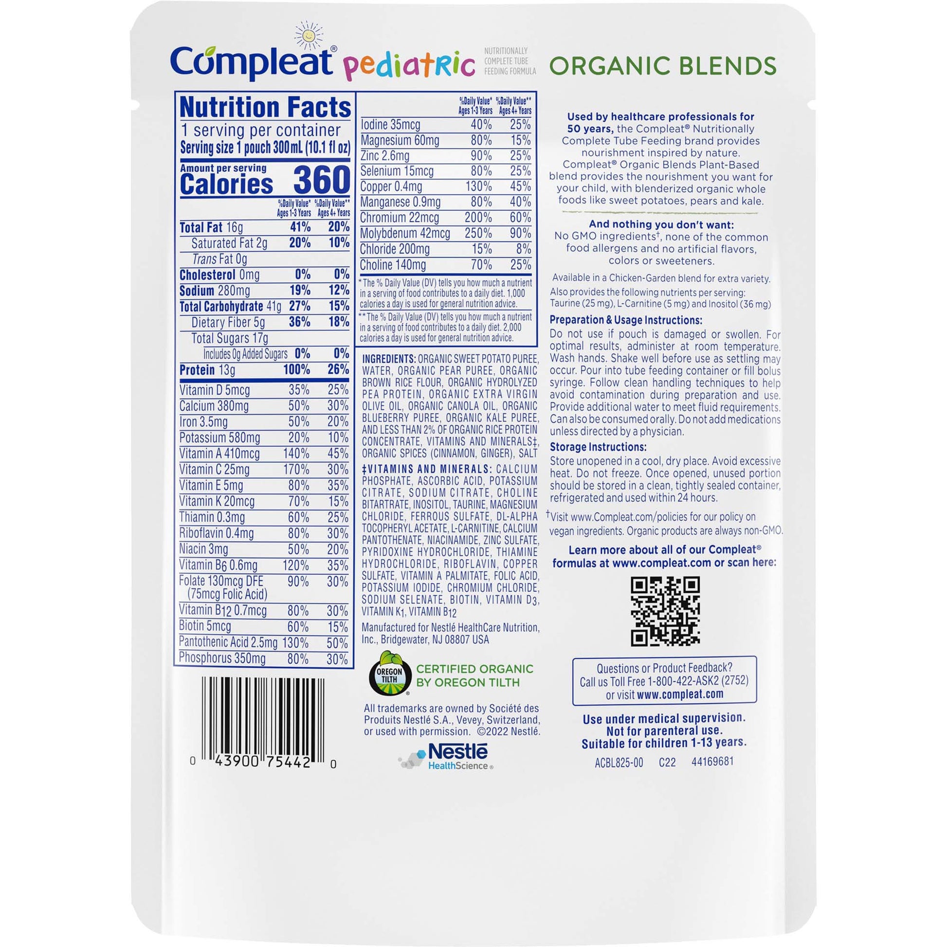 Back of a Compleat Pediatric Organic Blends package with nutrition facts and branding.