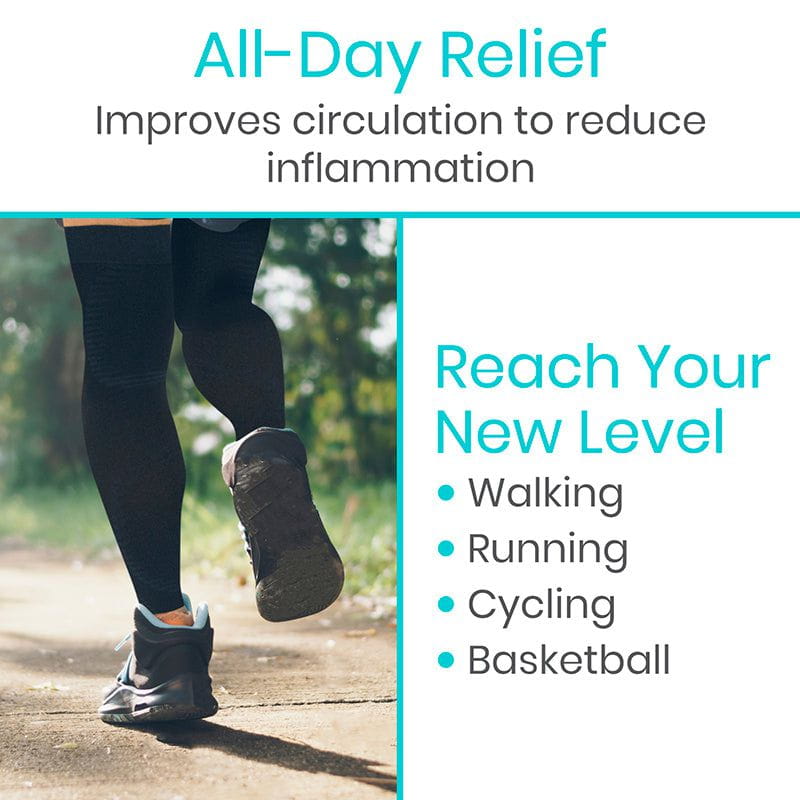 Person walking outdoors with text about all-day relief for circulation and inflammation reduction.
