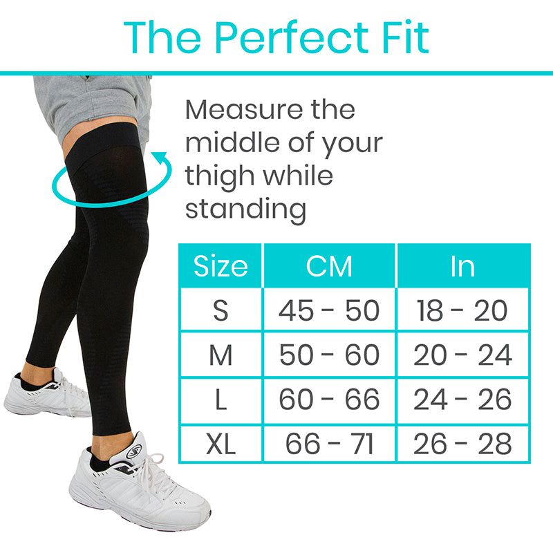 Measurement guide for leg warmers with a person wearing them, size chart, and text instructions.