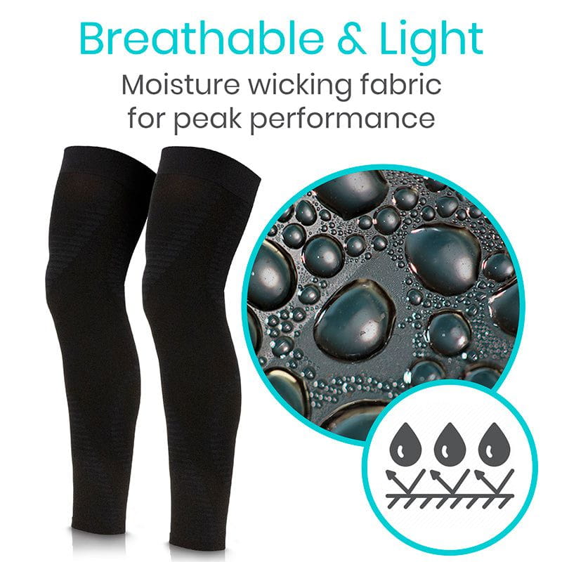 Black leg sleeves with moisture wicking fabric feature and water droplet graphics on a white background.