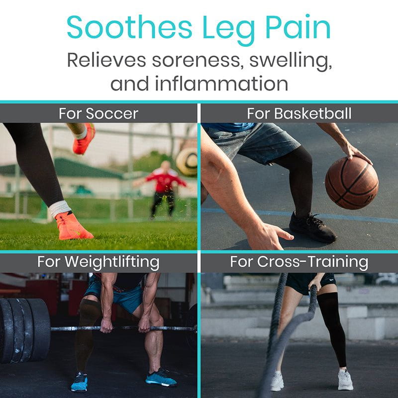 Product advertisement showing people in sports activities with text about leg pain relief.