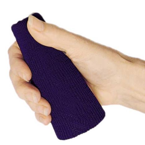 Hand holding a purple textured object against a white background
