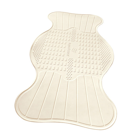 Beige bath mat with textured surface on a white background