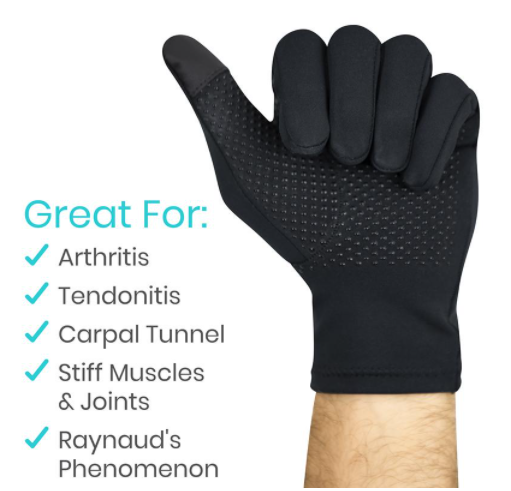 Black glove on a hand with text highlighting its uses for arthritis, tendonitis, carpal tunnel, stiff muscles, and Raynaud's phenomenon.