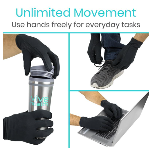 Gloves being used in various everyday tasks with text 'Unlimited Movement' and 'Use hands freely for everyday tasks'.