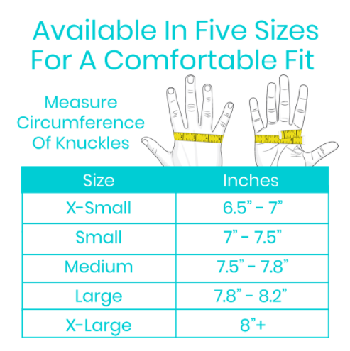 Hand size chart for measuring knuckles with size categories and corresponding measurements.
