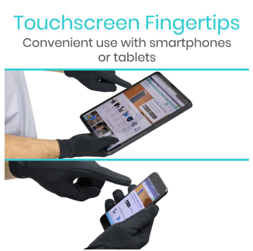 Person wearing black gloves using a smartphone with text 'Touchscreen Fingertips' and 'Convenient use with smartphones or tablets'.