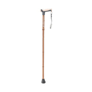 Brown walking cane with black foot pad on a white background