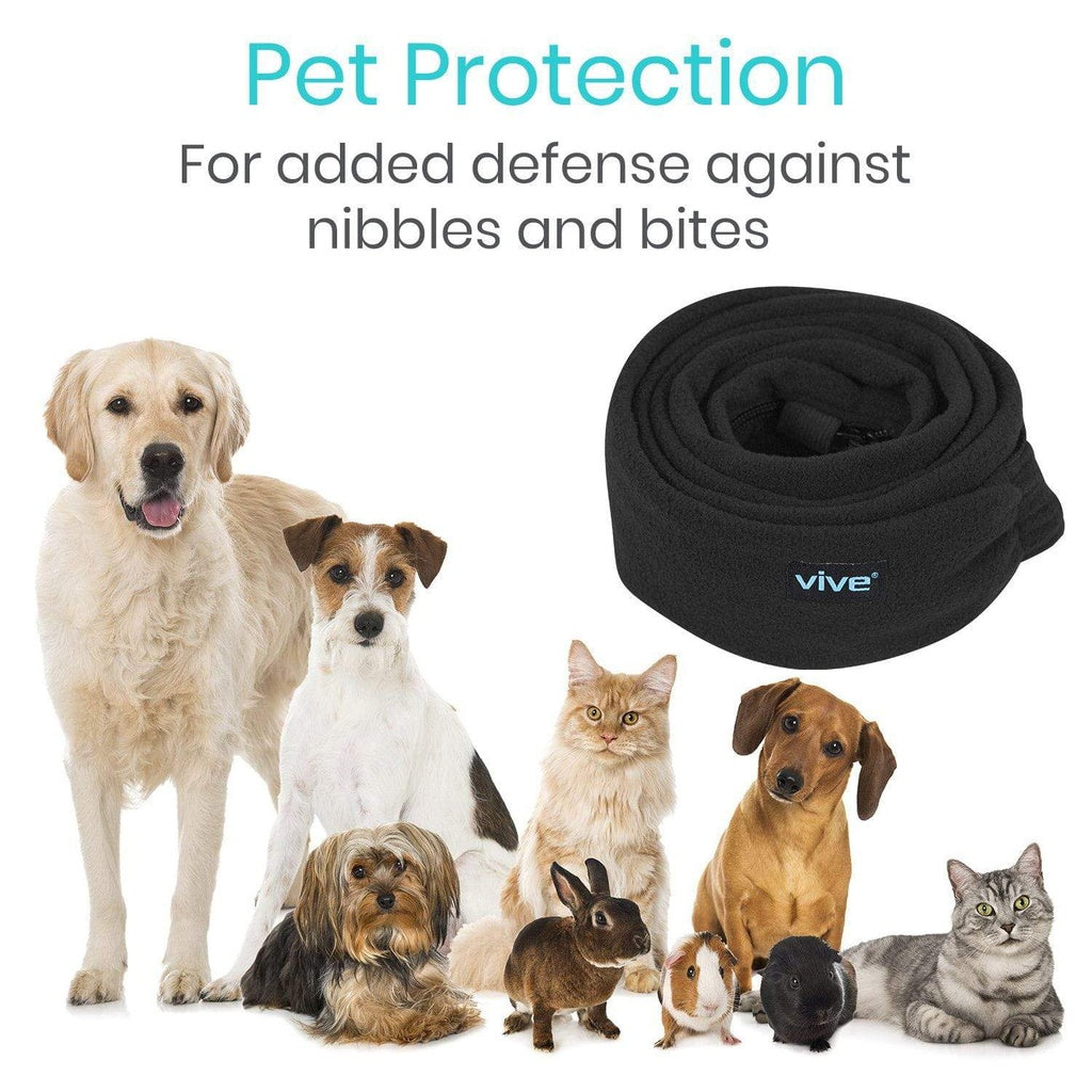 Group of dogs, cats, and small animals with a black bandage labeled 'vive' on a white background.