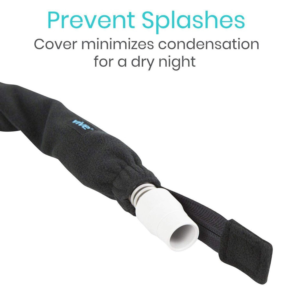 Black cover with white pipe, text 'Prevent Splashes' and 'Cover minimizes condensation for a dry night'.