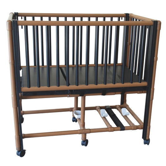 Wooden crib with black bars on a white background