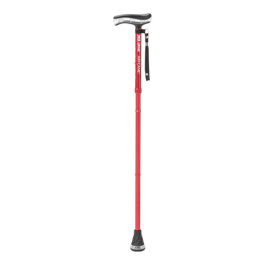 Red walking cane with black handle on a white background
