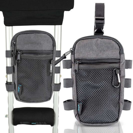 Gray crutch bag attached to a walker on a white background