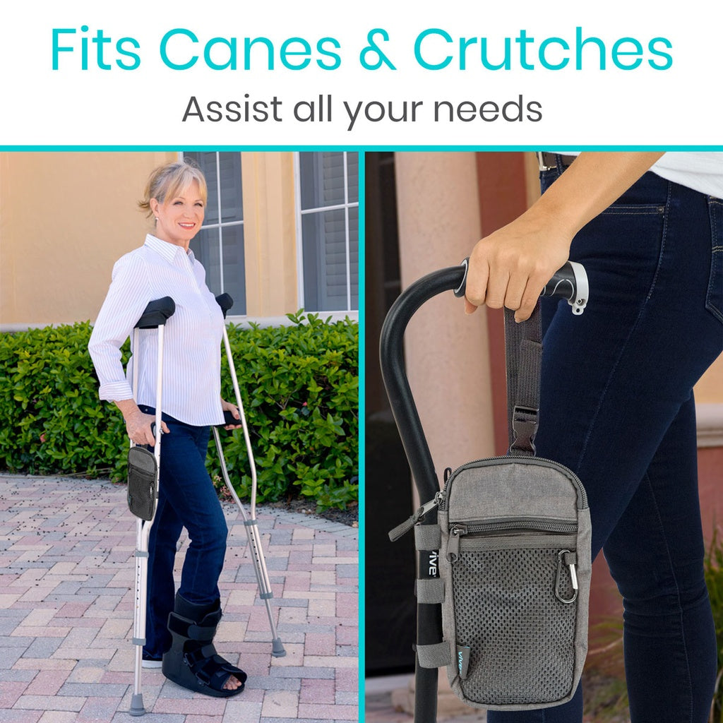 Person using a cane with a carrying case, showing product's utility for assisting needs.